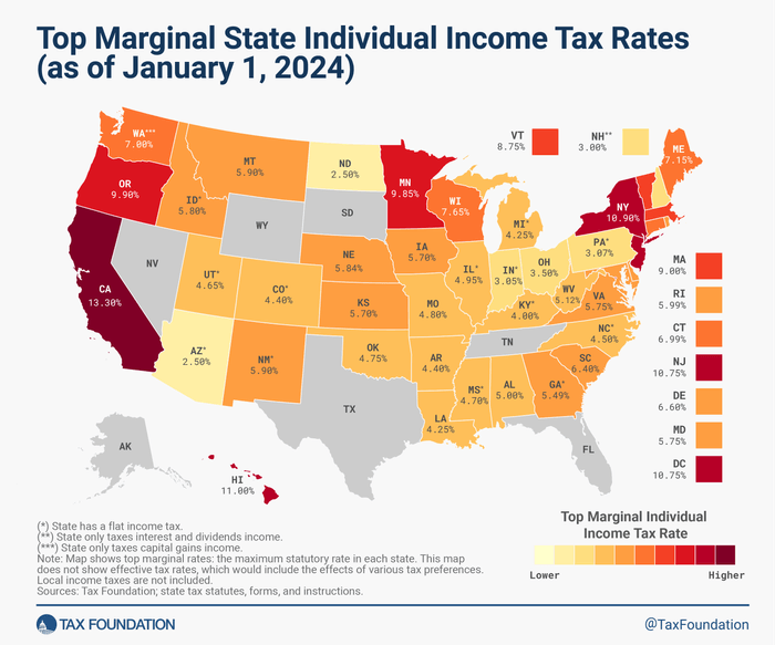 Individual Income tax rates across US states in 2024 U.S. map of individual Income tax rates across US states in 2024