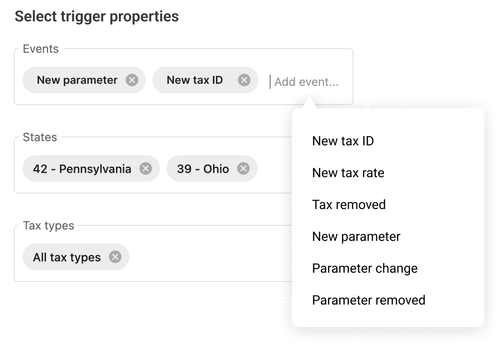 Customize which payroll tax types, states and change type you want to receive webhook notifications about.