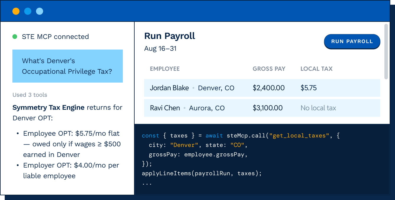STE MCP connected to an AI agent, answering a payroll tax question.