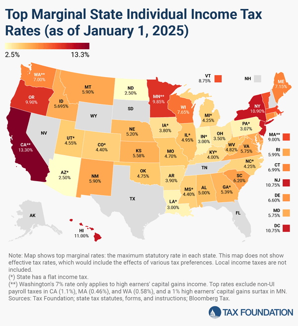 U.S. map of individual Income tax rates across US states in 2025