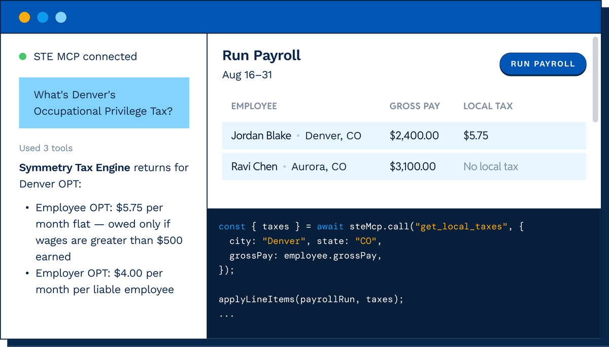 STE MCP connected to an AI agent, answering a payroll tax question.